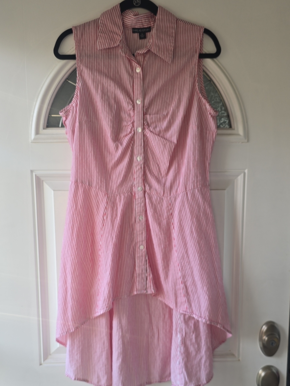 Thread Story XL Red White Stripe Sleeveless Hi-Low Shirt Dress 100% Cotton